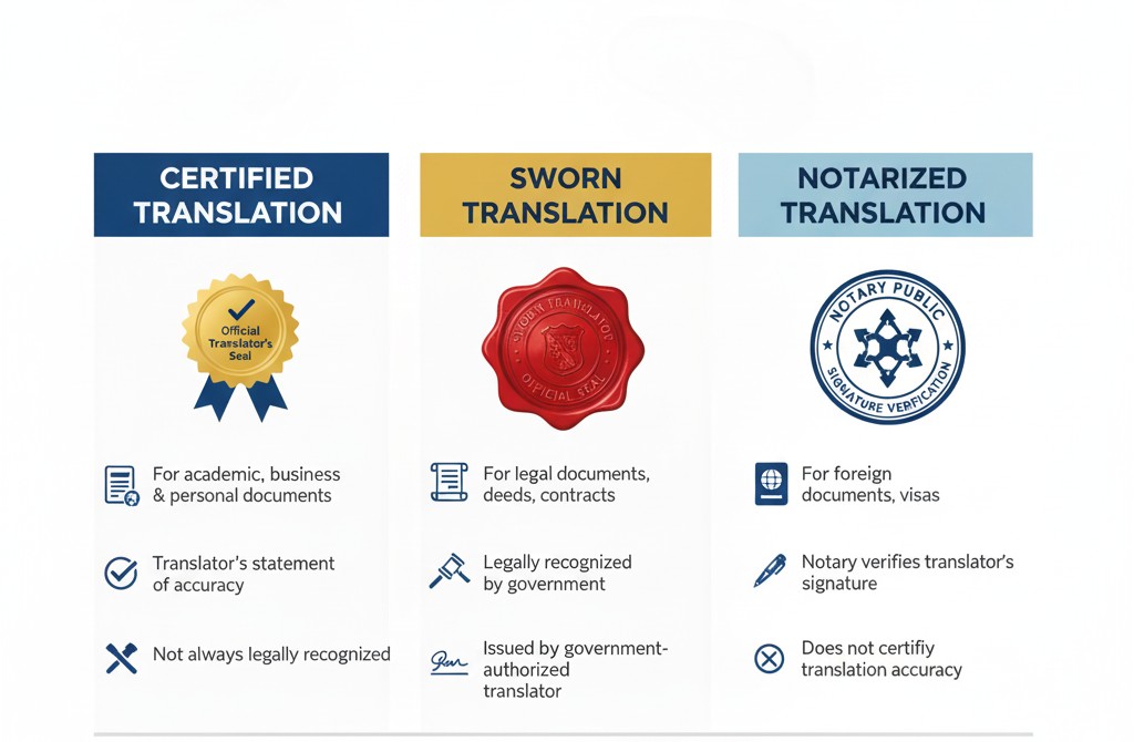 Infographic comparing Certified Translation, Sworn Translation, and Notarized Translation, showing their different legal
