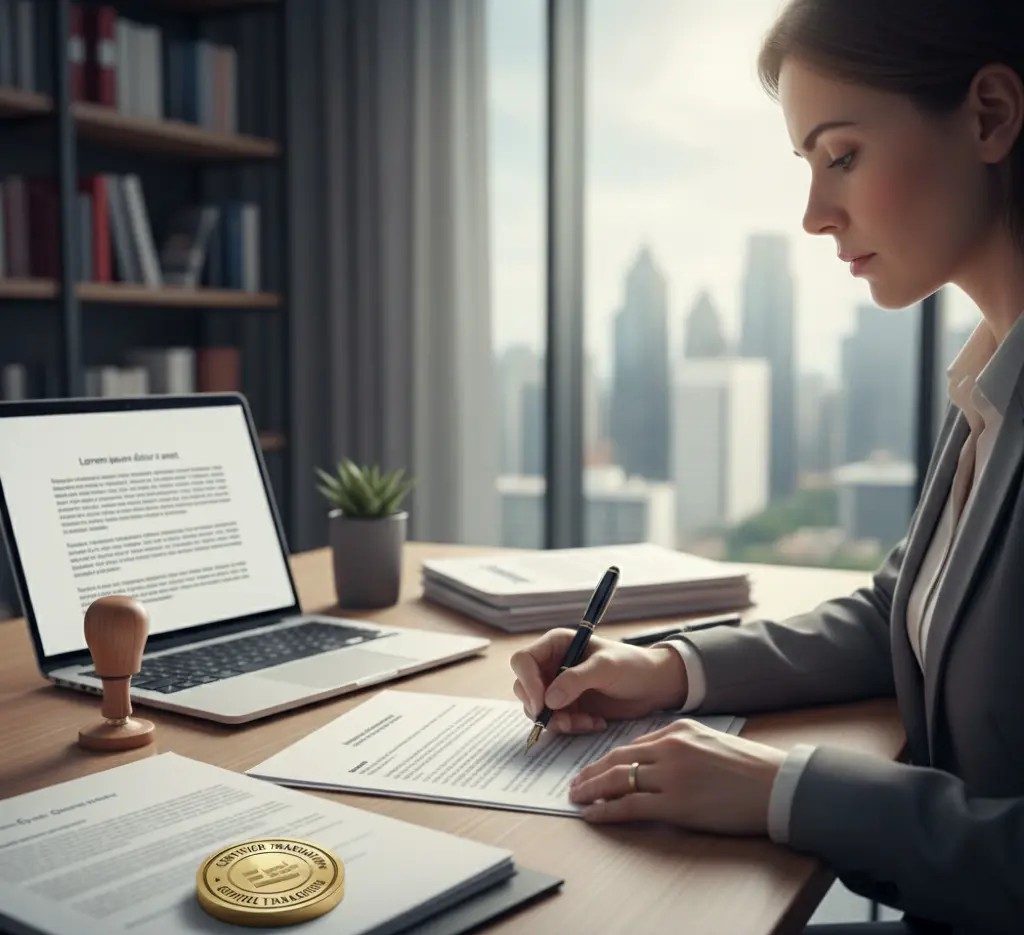 A professional translator signing a certified translation document on a desk with a laptop and pen.
