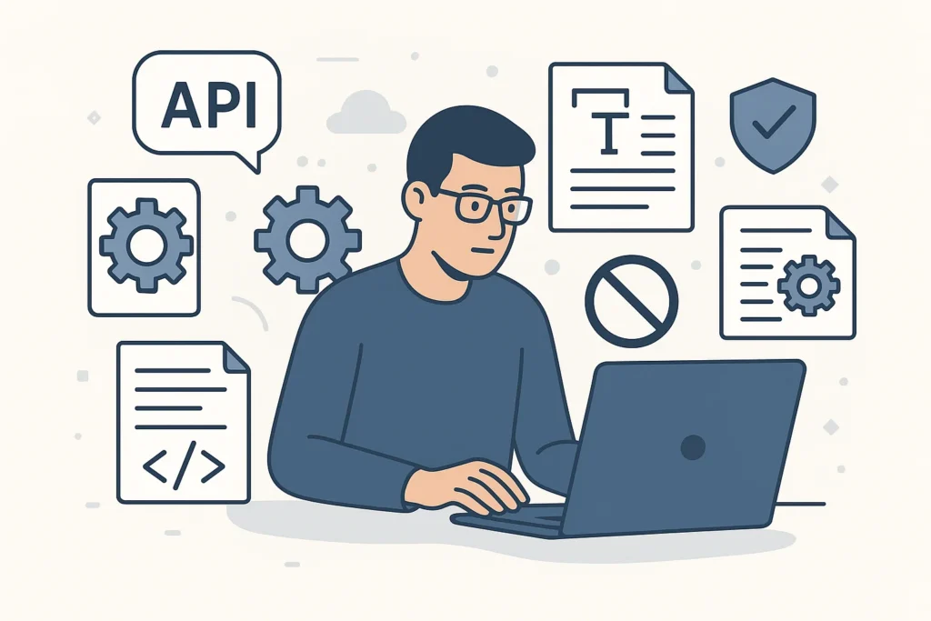 Illustration of a technical translator working on complex documents surrounded by gears, text files, and symbols representing translation challenges
