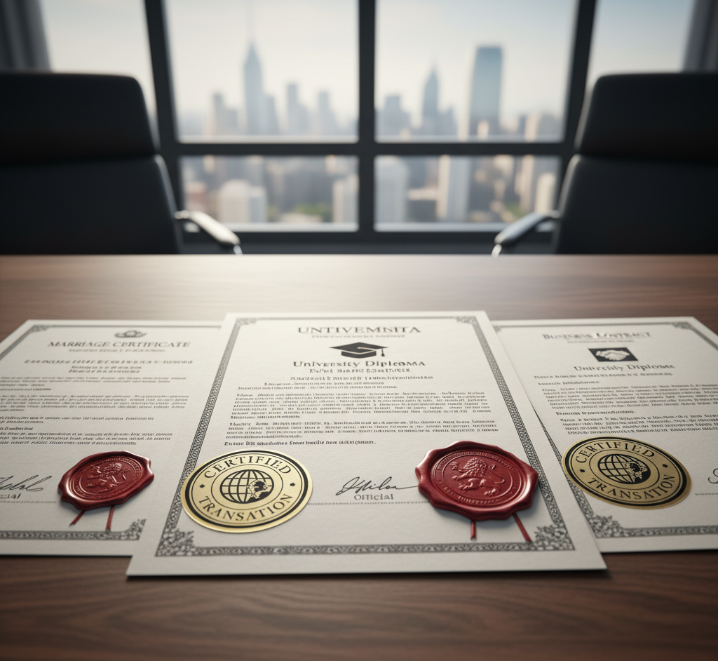 Three different official documents (Marriage Certificate, University Diploma, Business Contract) with wax seals and official 'Certified Translation' stamps, highlighting the importance of official document accuracy.