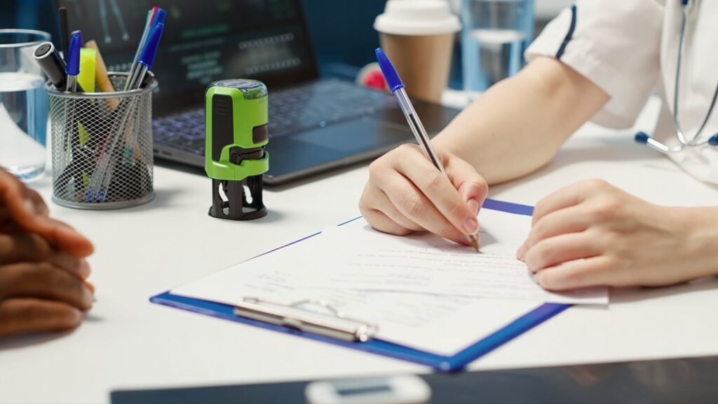  Healthcare professional filling out a medical form at a desk with a stethoscope, laptop, and office supplies in the background.