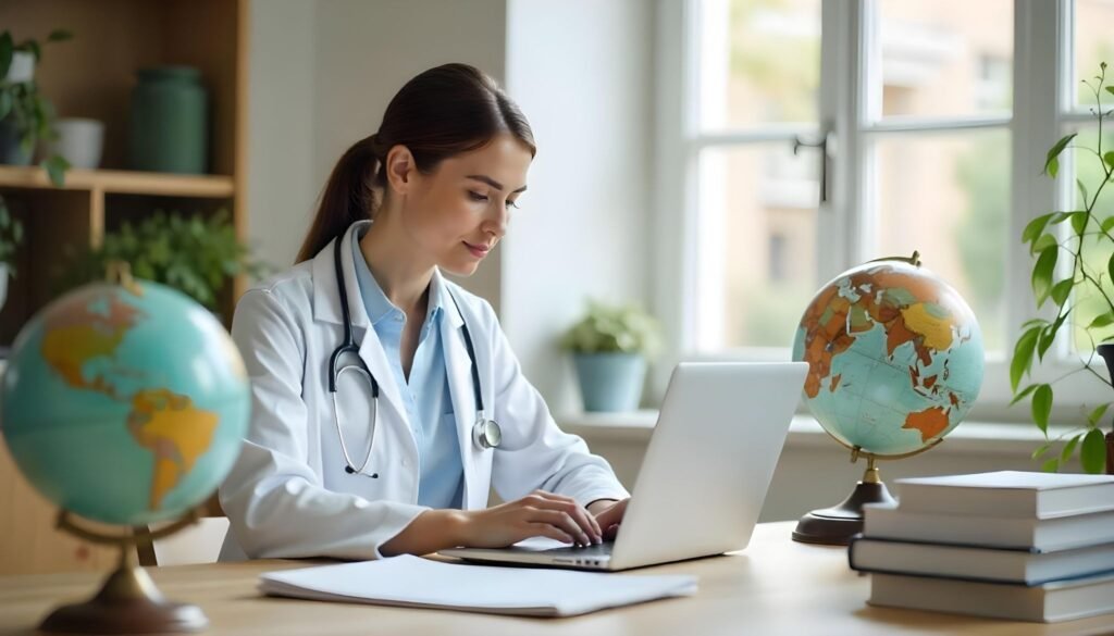 Healthcare professional filling out a medical form at a desk with a stethoscope, laptop, and office supplies in the background.