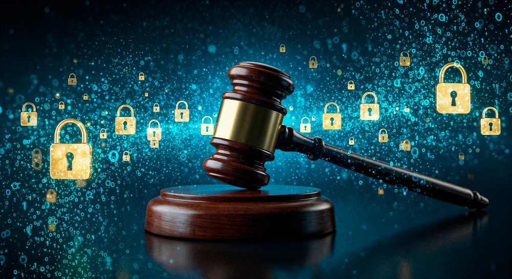 Cybersecurity law and justice concept, ilustrating by hammer and keylock